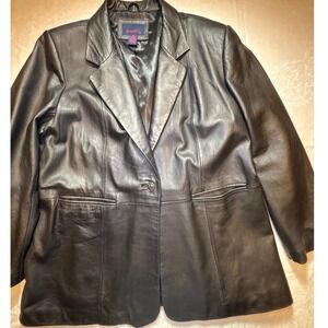 Denim & Co Womens Black Leather Blazer Jacket Single Button Size 1X Coat